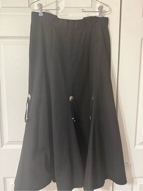 Vintage Western Circle T Black A-Line Midi Skirt with Decorative Concho Ties